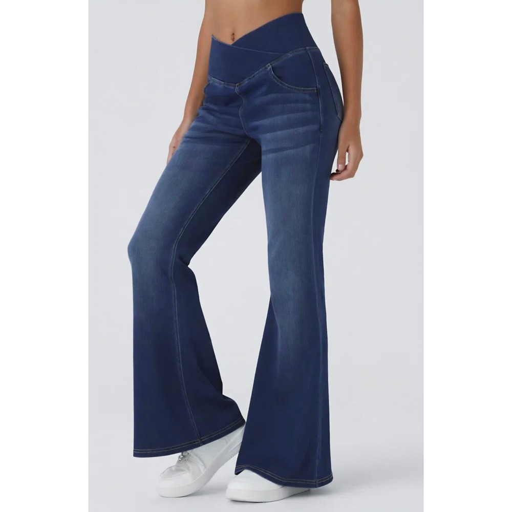 Halara High Waisted Crossover Flare Jeans Dark Wash Blue Large Regular